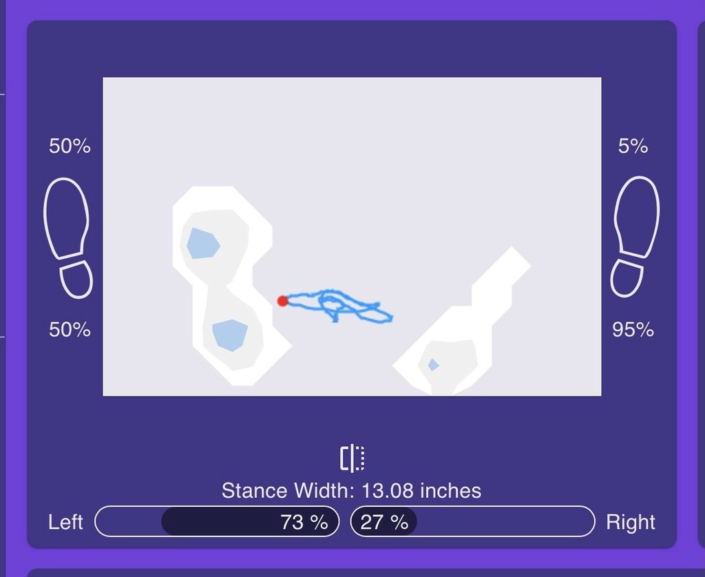 Foot pressure analysis interface with stance width data